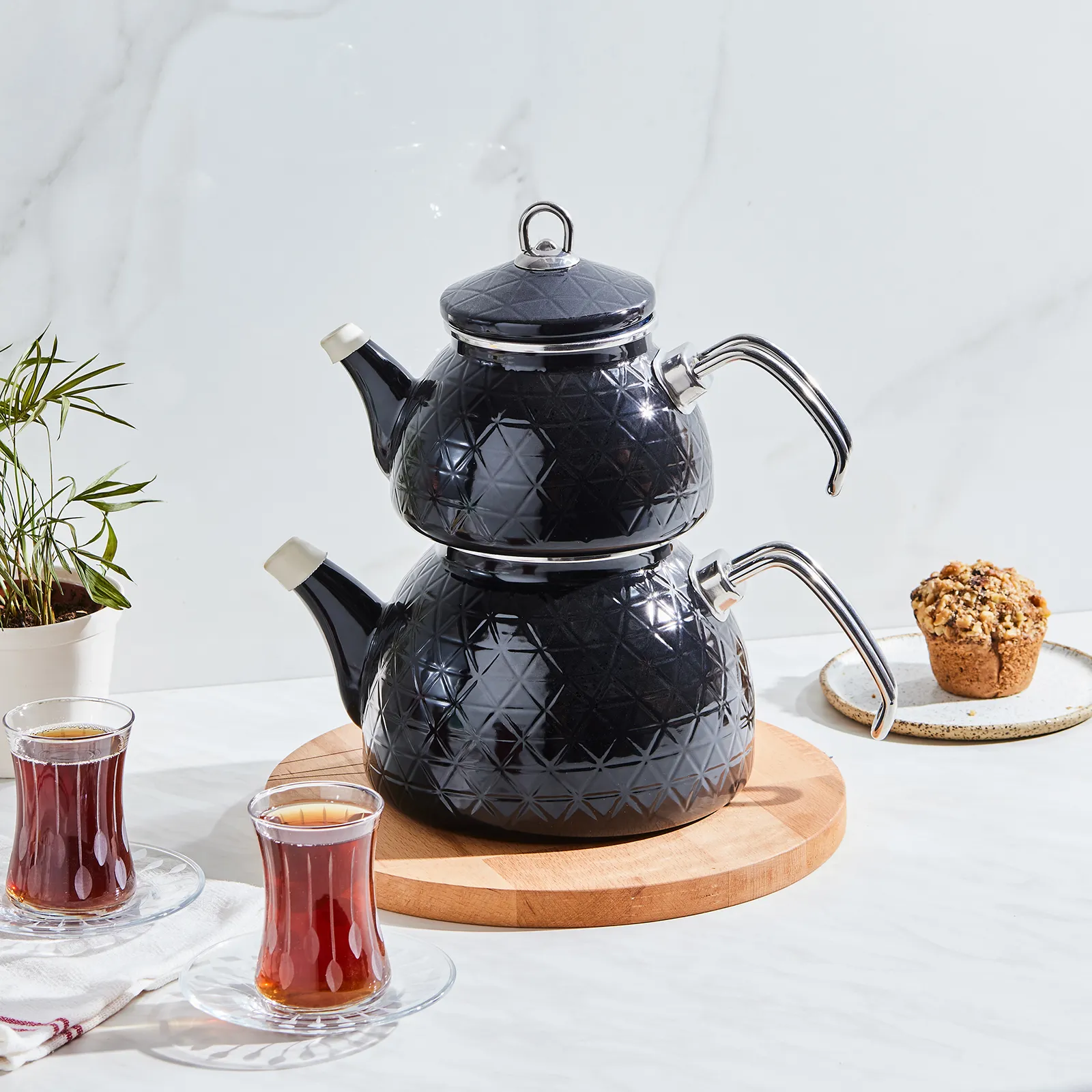 Karaca Kristall Schwarz Emaille Teekannen Set – Bild 2