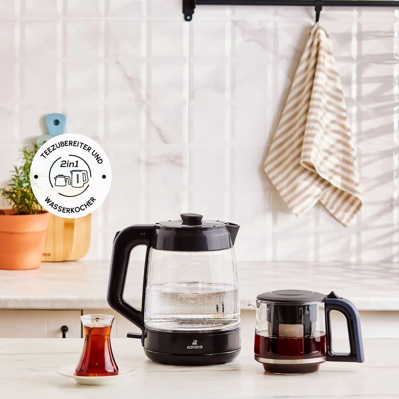 Karaca Glas Tee XL 2in1 Glas Teemaschine und Wasserkocher Ocean Wave – Bild 3
