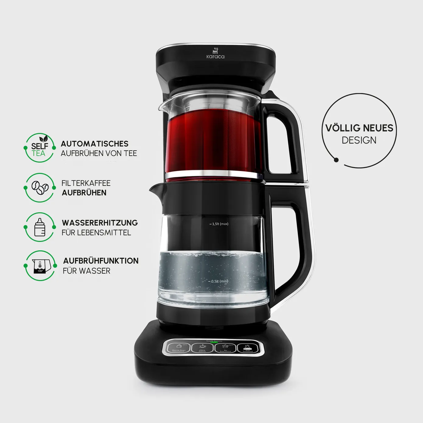 Karaca Çaysever Robotea Pro 4 in 1 Sprechende Automatische Glas-Teemaschine, Wasserkocher und Filterkaffeemaschine, Schwarz Chrom, 2500W – Bild 2