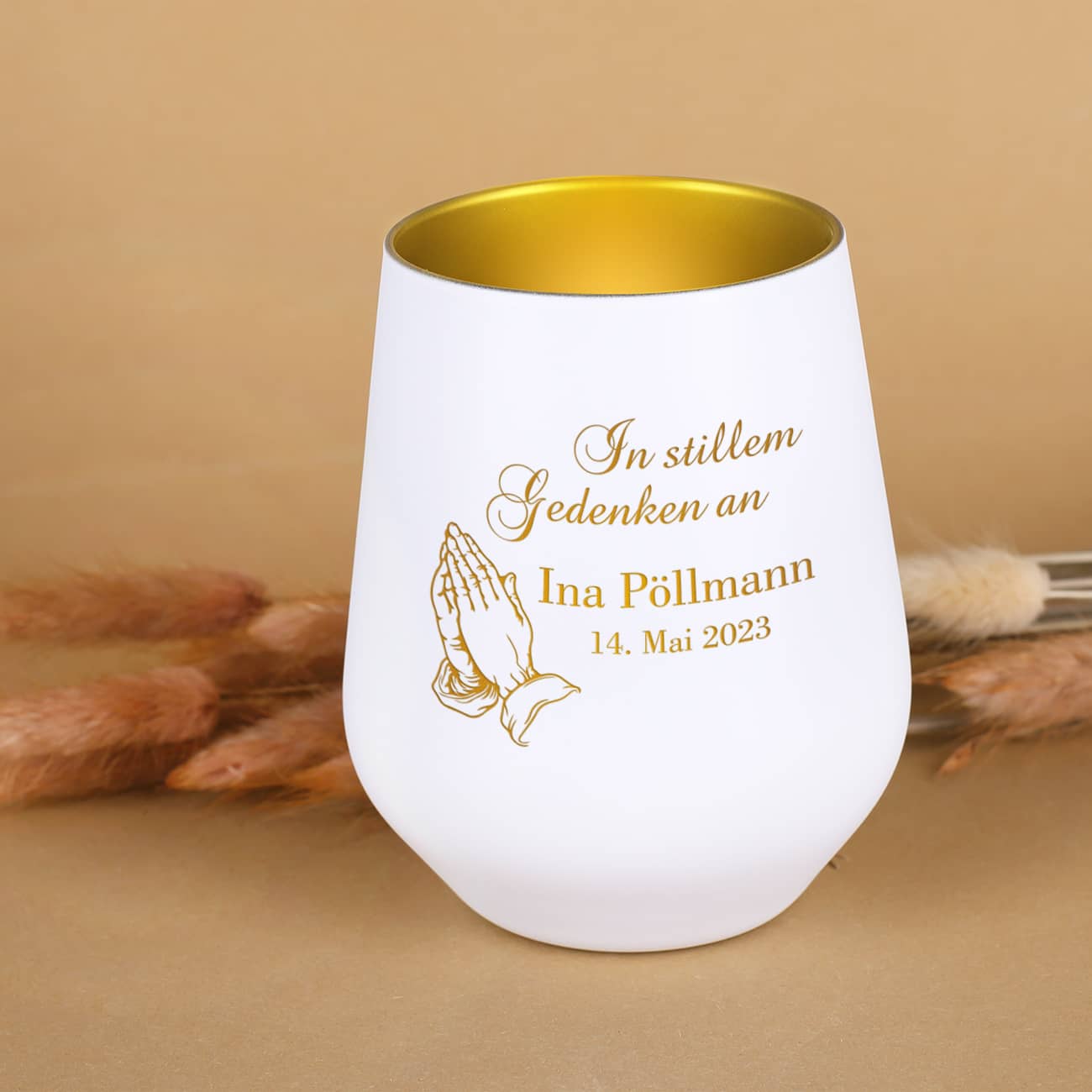Trauerwindlicht - In stillem Gedenken an - mit betenden Händen und Name – Bild 2