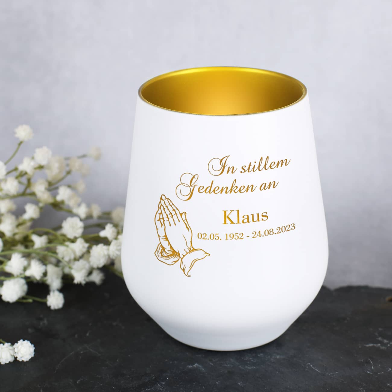 Trauerwindlicht - In stillem Gedenken an - mit betenden Händen und Name – Bild 6