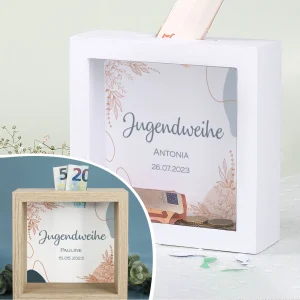 Bilderrahmenspardose zur Jugendweihe mit Wunschname und Datum