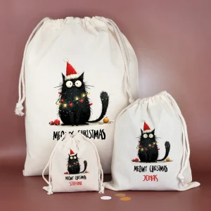 Geschenksack zu Weihnachten personalisiert mit Name | Katzen-Motiv | 3 Größen