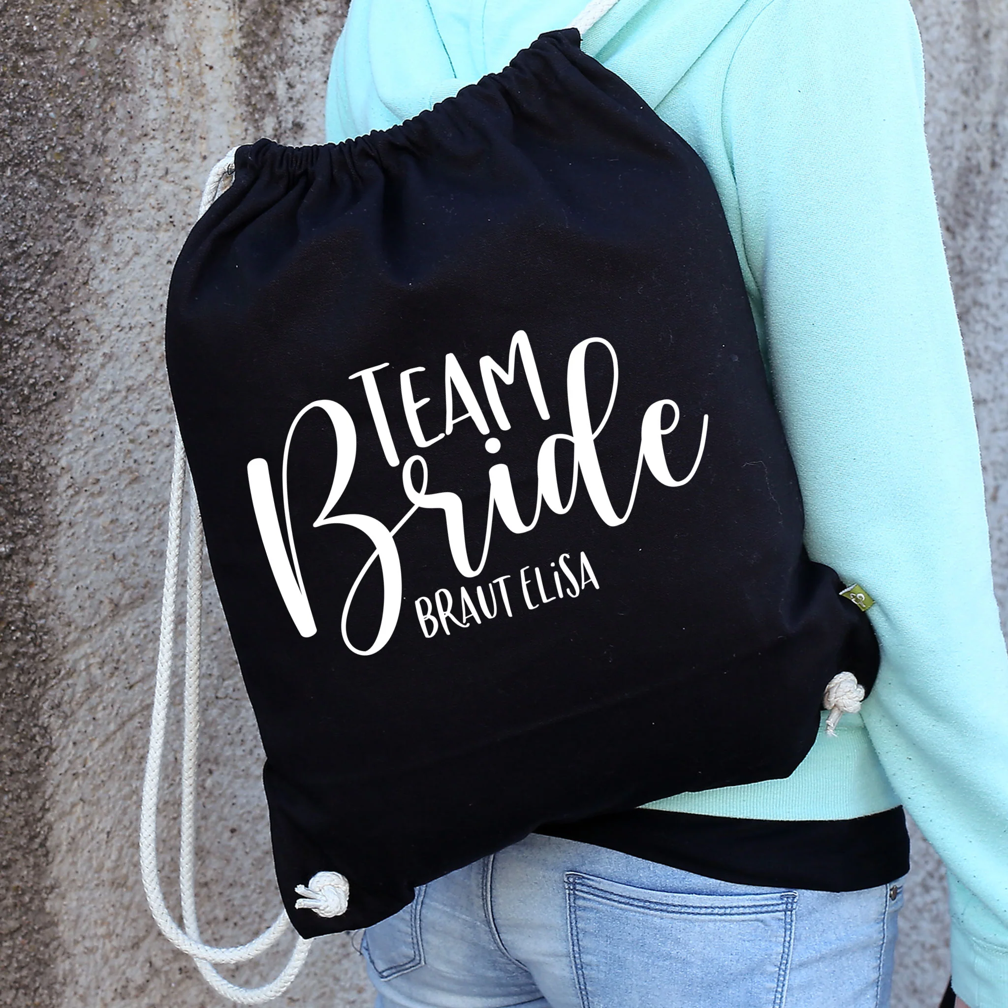 JGA Baumwoll-Rucksack mit Wunschname | Team Bride | Schwarz & Natur – Bild 7