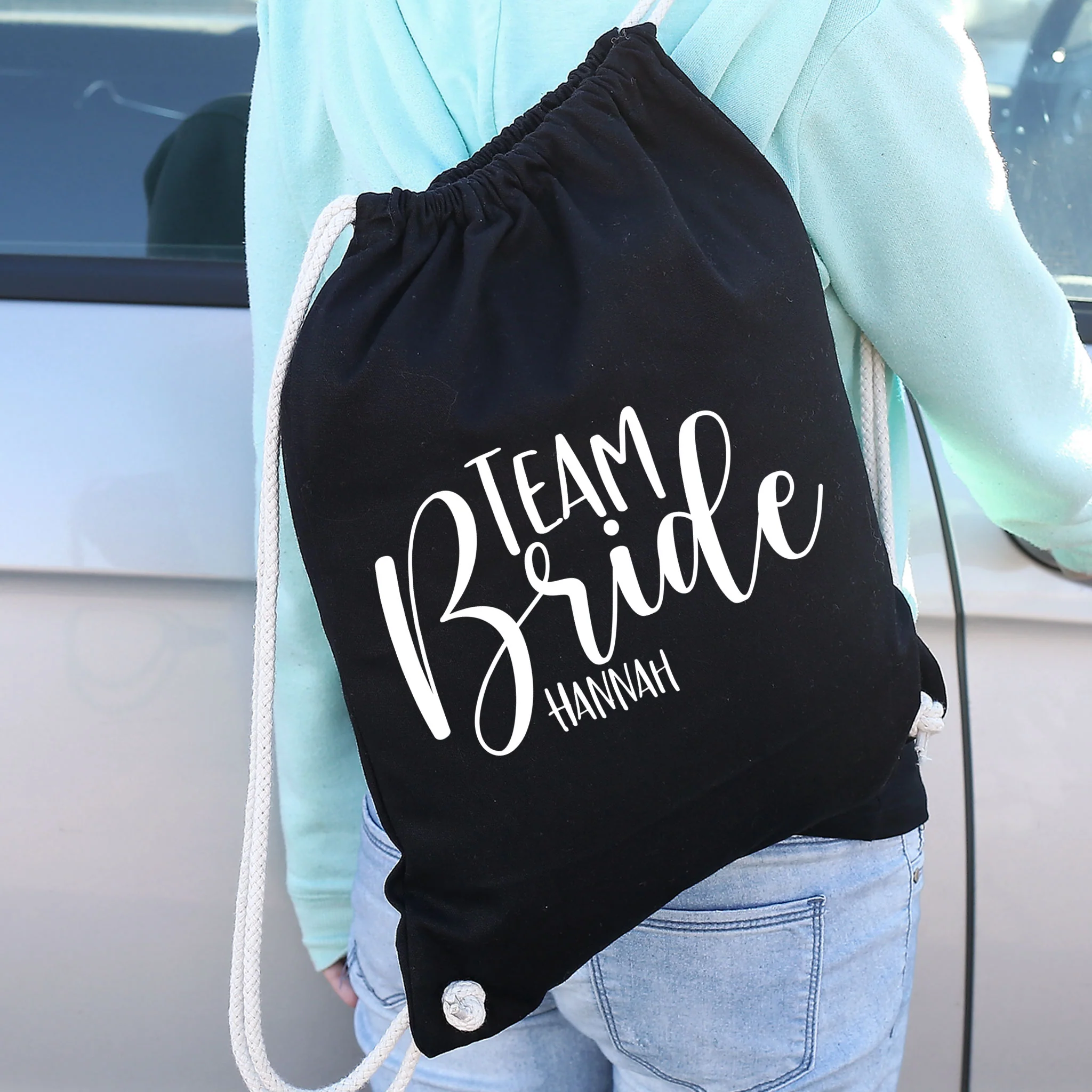 JGA Baumwoll-Rucksack mit Wunschname | Team Bride | Schwarz & Natur – Bild 8