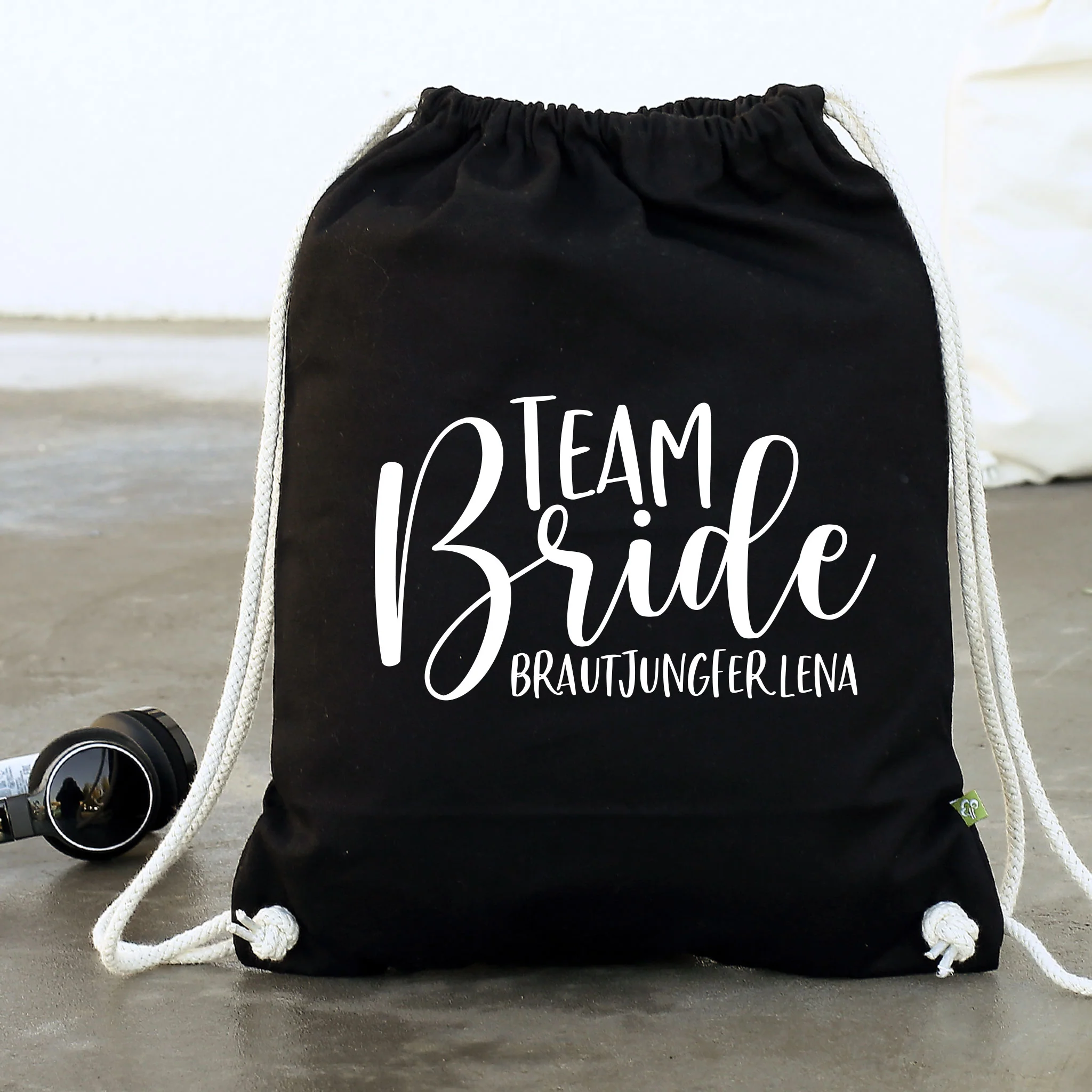 JGA Baumwoll-Rucksack mit Wunschname | Team Bride | Schwarz & Natur – Bild 9