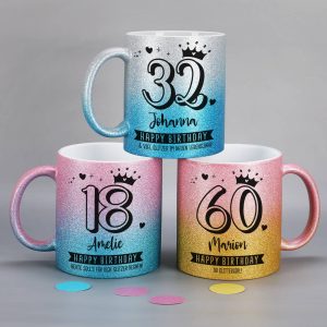 Happy Birthday - Glitzertasse mit Alter, Name & Wunschtext - 3 Farben zur Auswahl