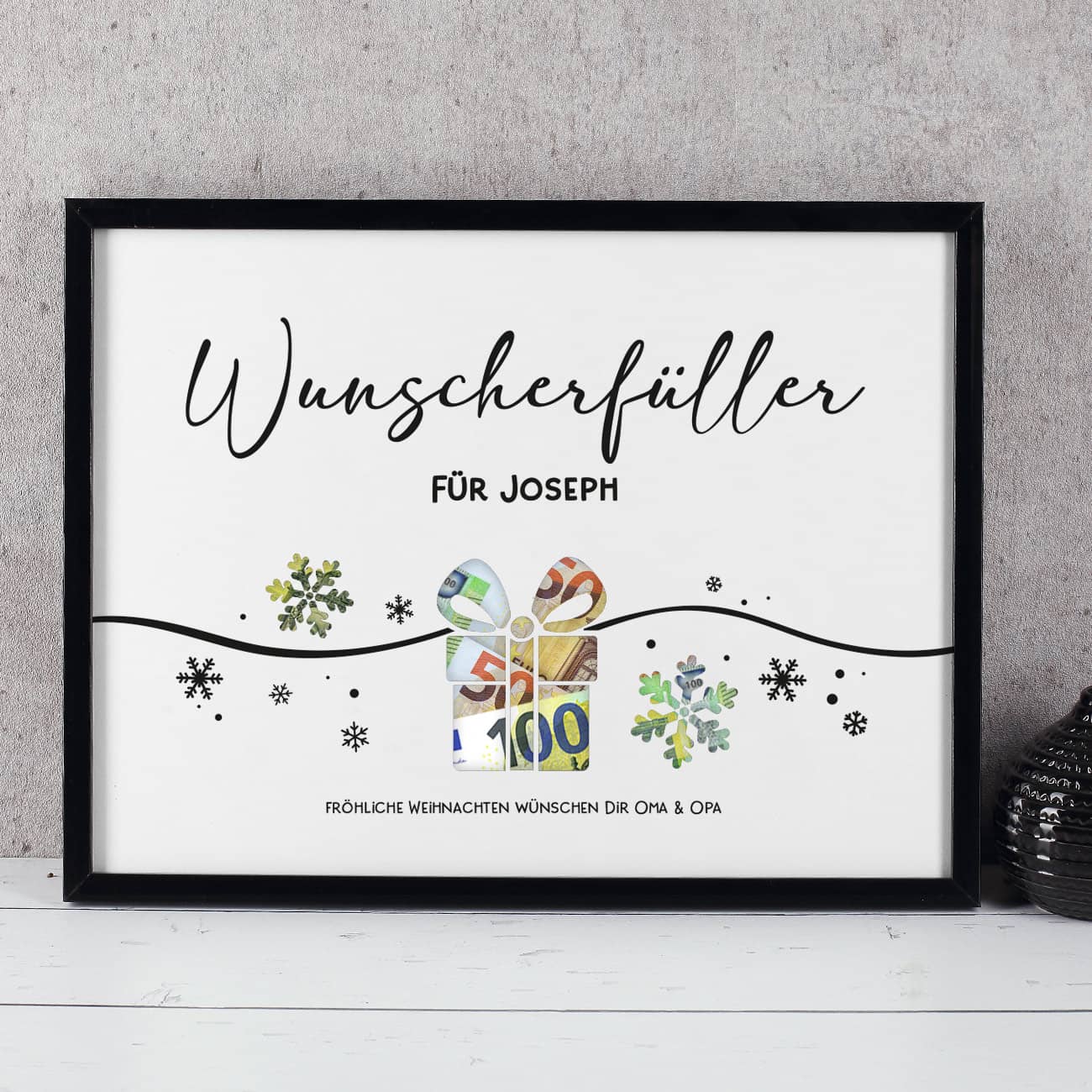 Geldgeschenk zu Weihnachten - Bilderrahmen mit 3 Zeilen Wunschtext, 30x40cm