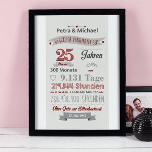 Glücklich verheiratet seit - Bilderrahmen zur Silberhochzeit mit Namen, Datum