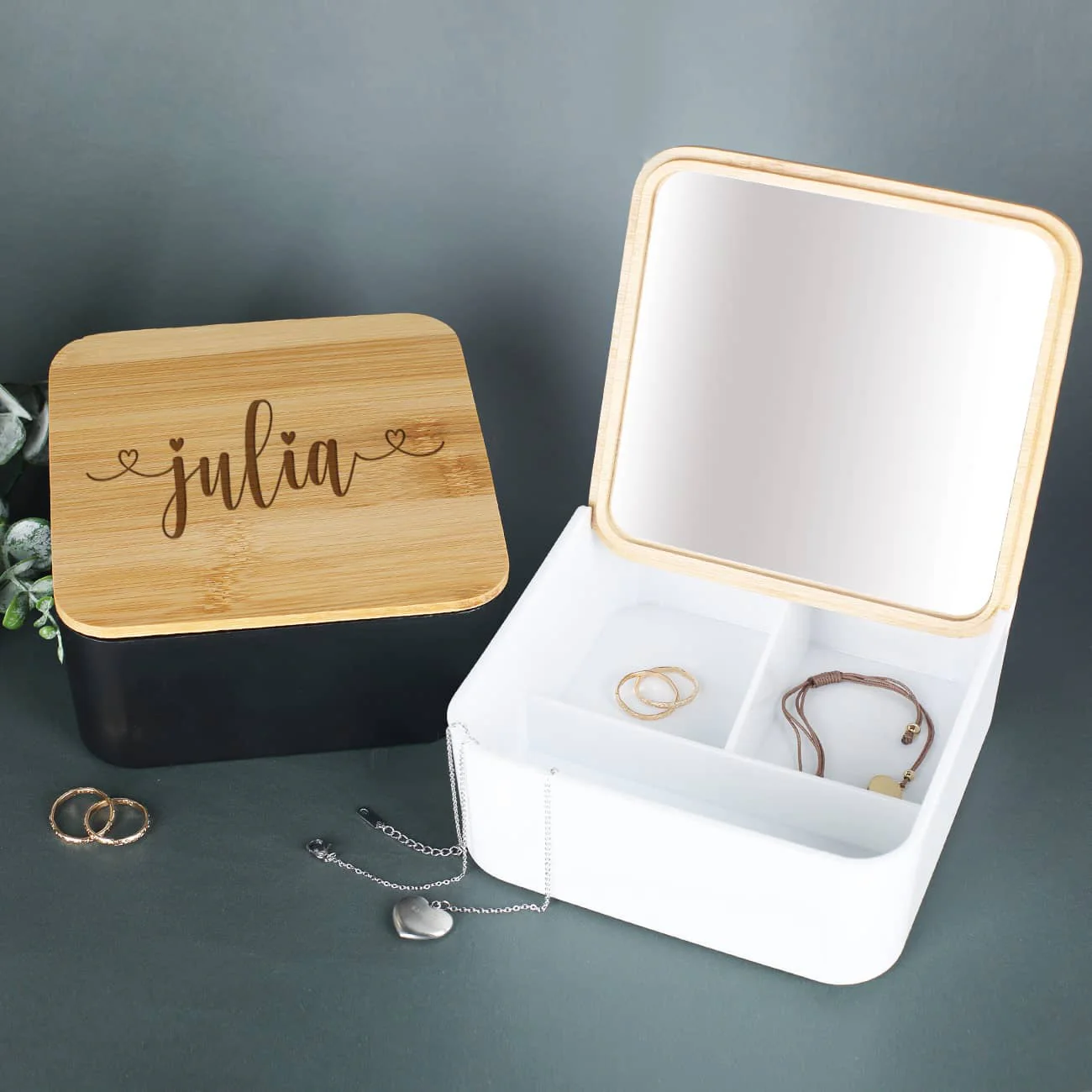 Spiegeldose mit gravierten Bambusdeckel und Name – Bild 2