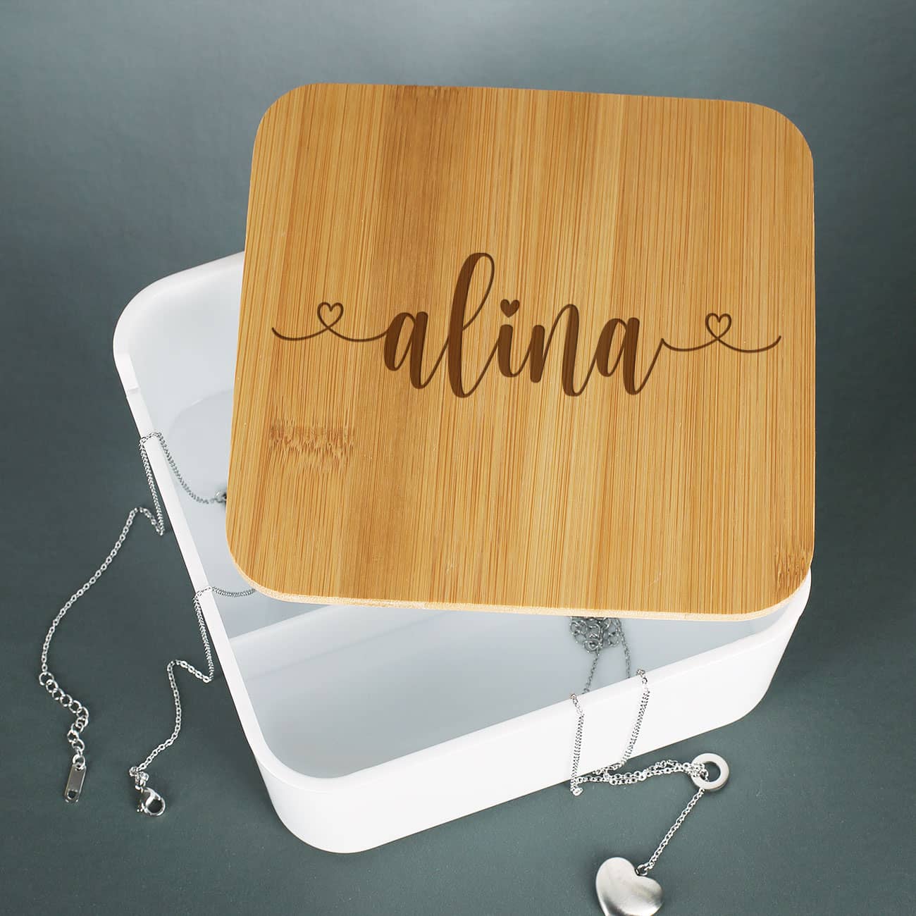 Spiegeldose mit gravierten Bambusdeckel und Name – Bild 3