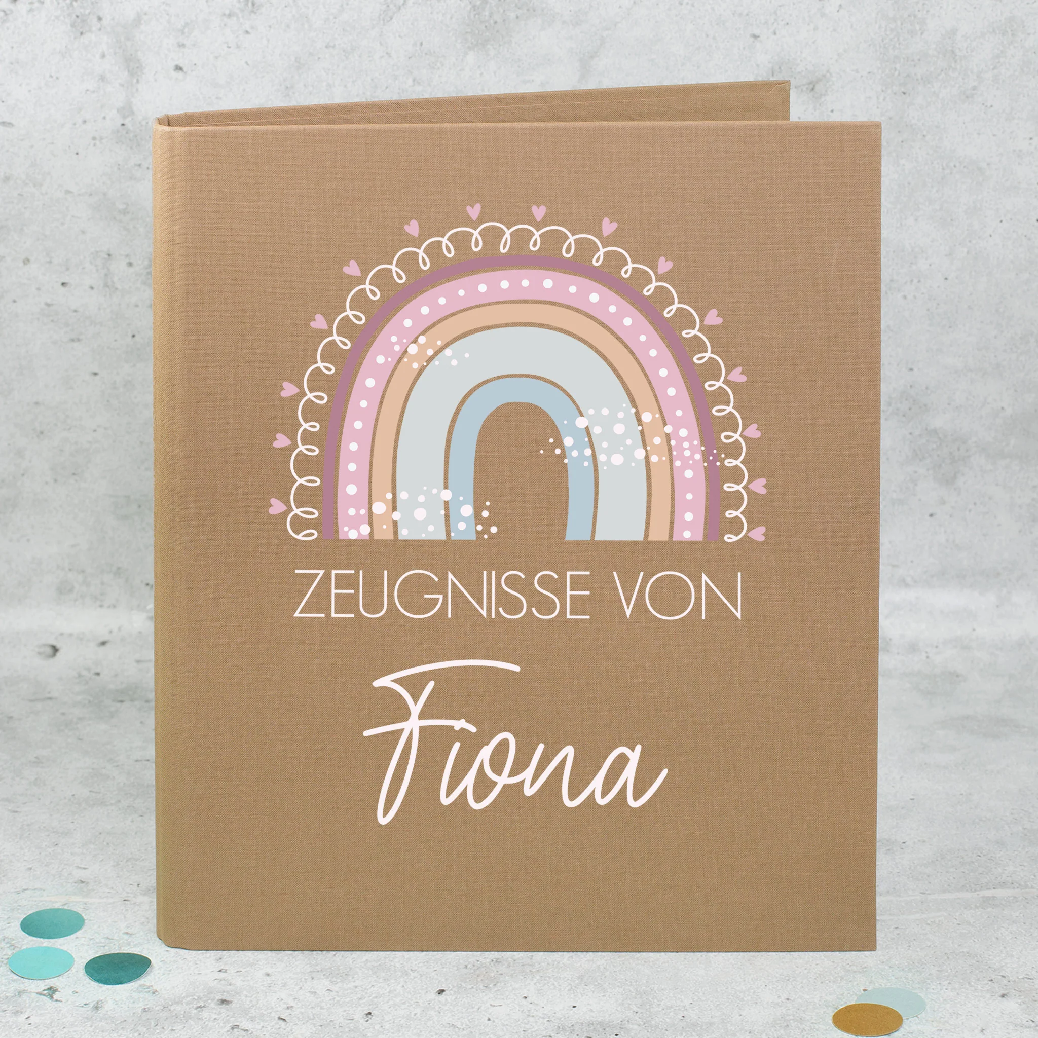 Personalisierte Zeugnismappe aus Leinen mit Name und Regenbogenmotiv | Farbauswahl – Bild 7