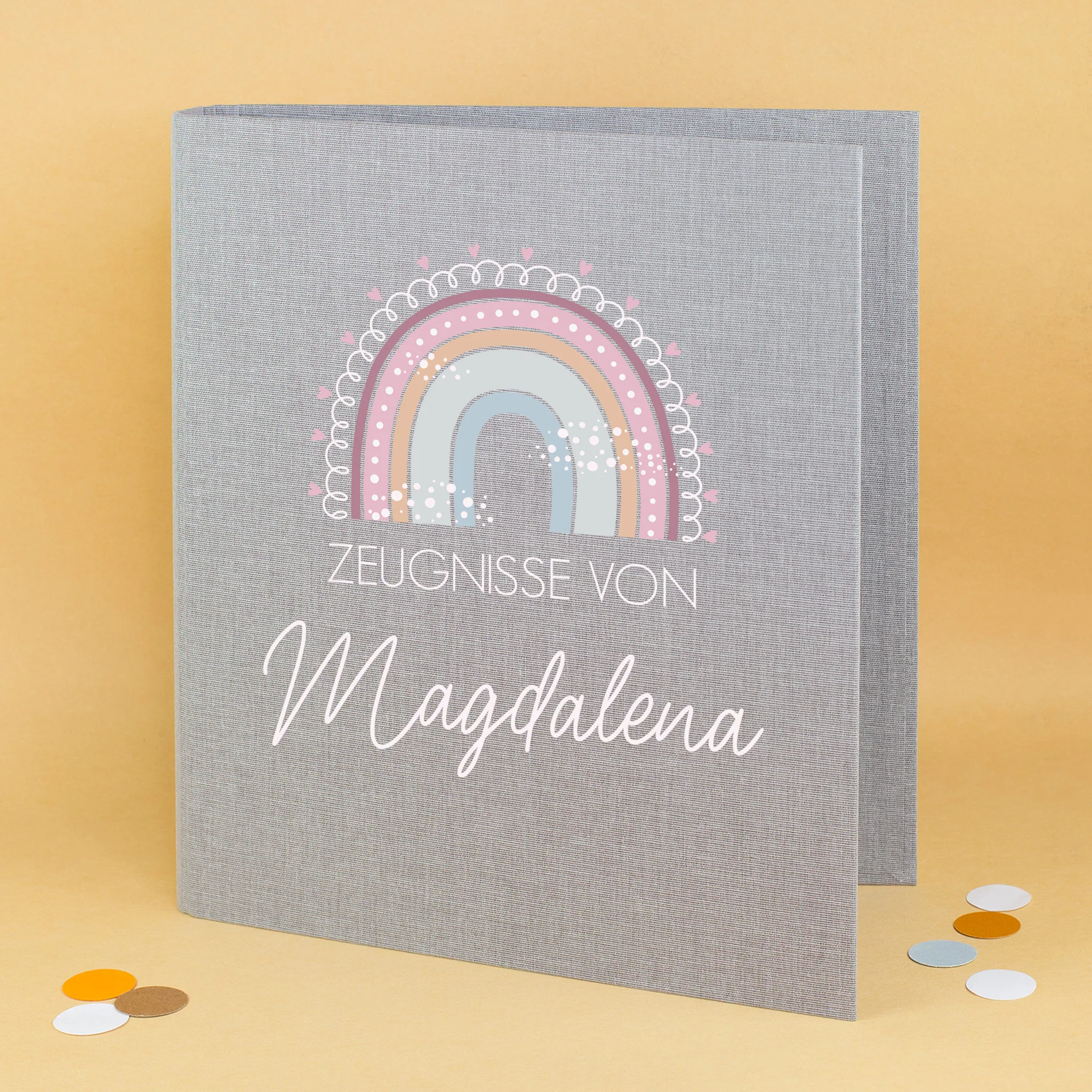 Personalisierte Zeugnismappe aus Leinen mit Name und Regenbogenmotiv | Farbauswahl – Bild 8