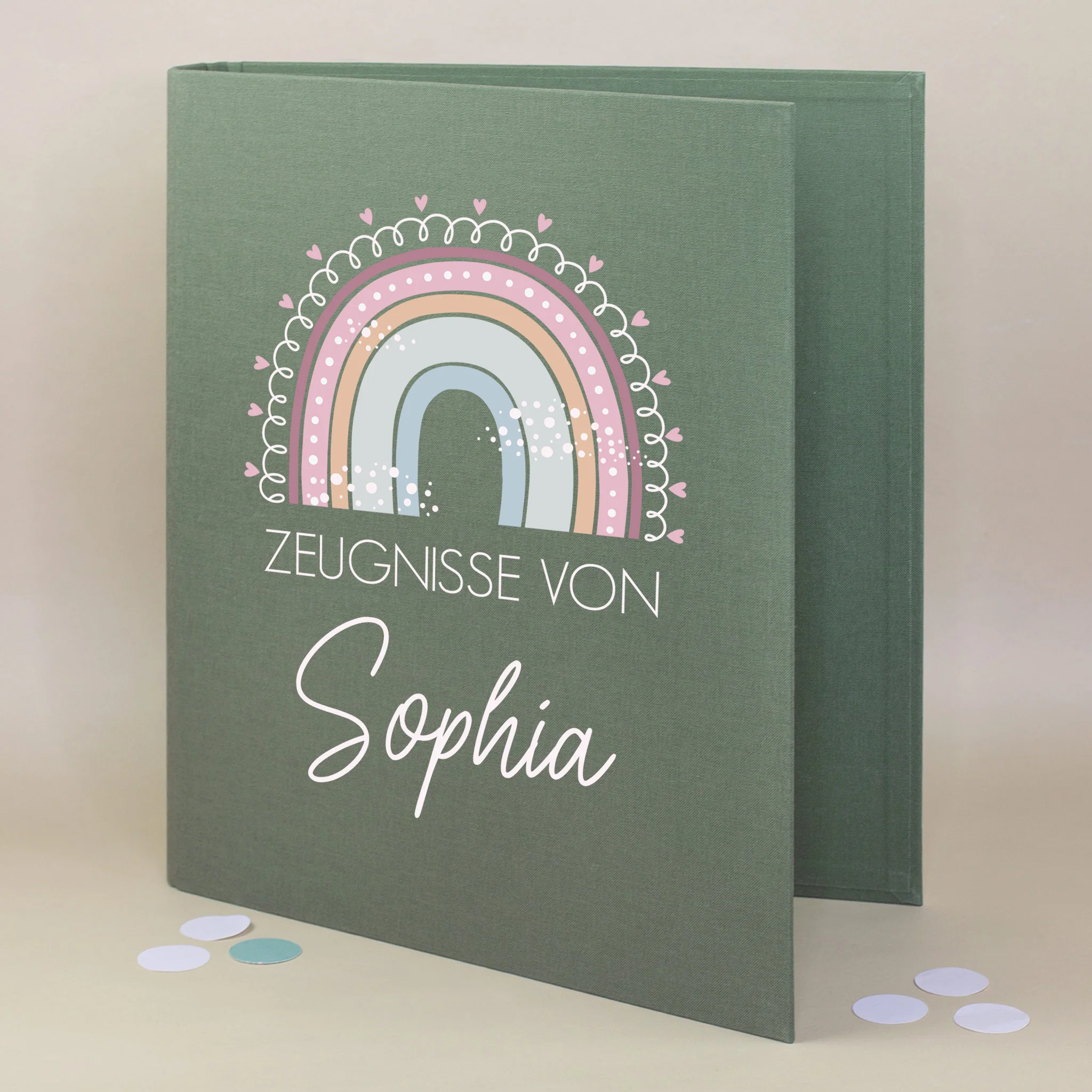 Personalisierte Zeugnismappe aus Leinen mit Name und Regenbogenmotiv | Farbauswahl – Bild 4