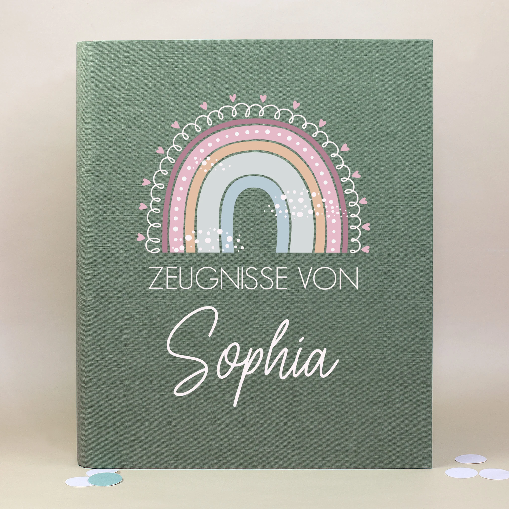 Personalisierte Zeugnismappe aus Leinen mit Name und Regenbogenmotiv | Farbauswahl – Bild 9