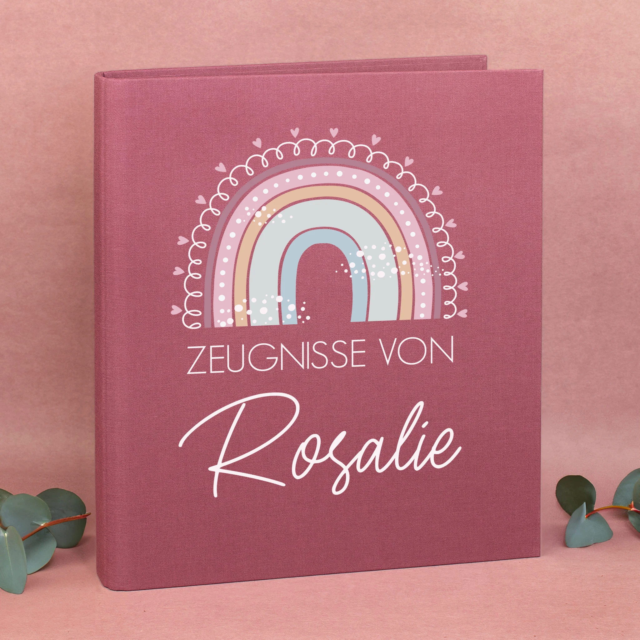 Personalisierte Zeugnismappe aus Leinen mit Name und Regenbogenmotiv | Farbauswahl – Bild 5
