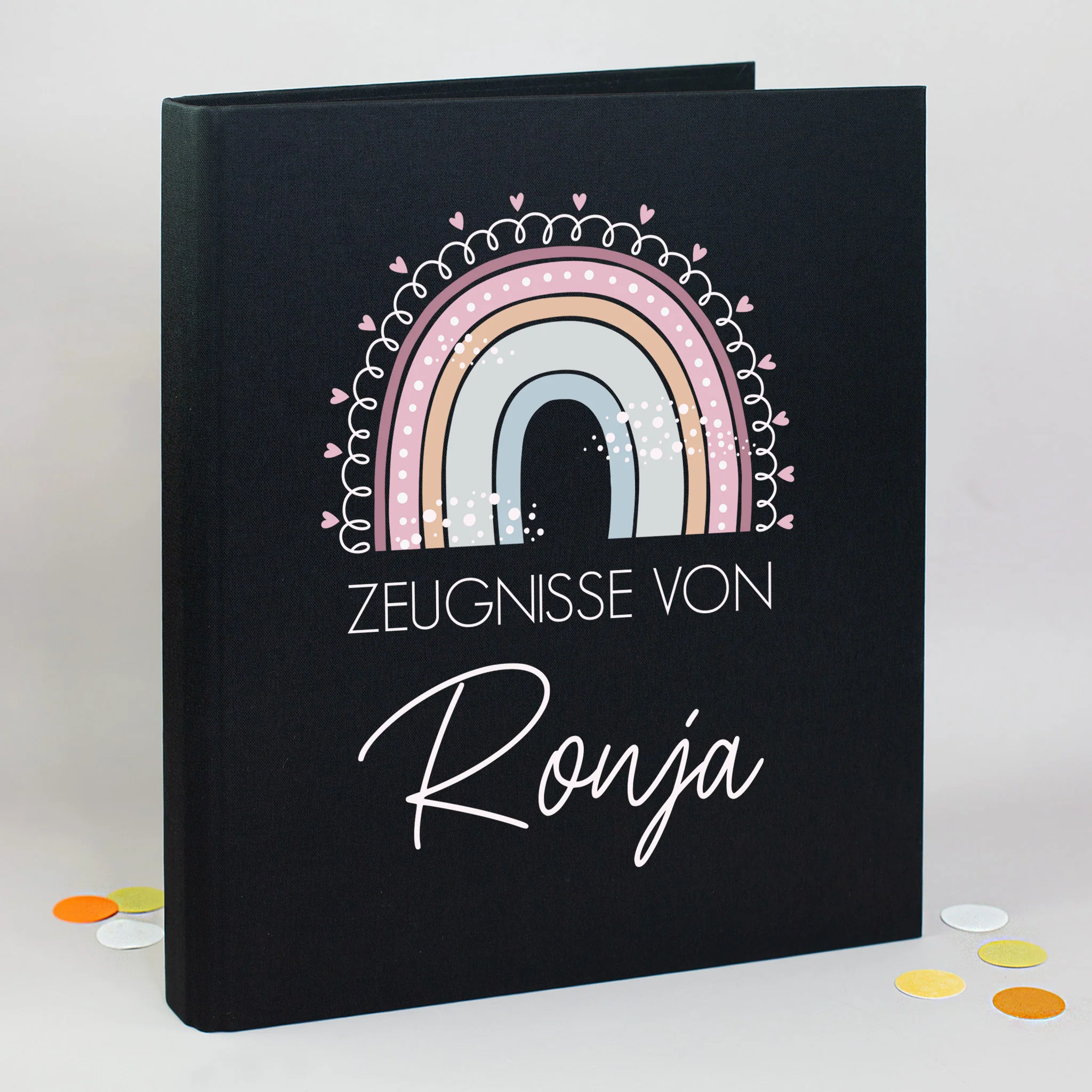 Personalisierte Zeugnismappe aus Leinen mit Name und Regenbogenmotiv | Farbauswahl – Bild 6