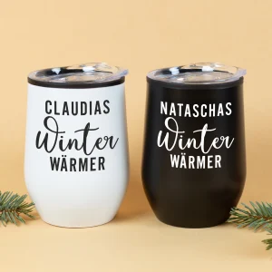 Personalisierter Thermobecher mit Name und Winterwärmer-Motiv in 2 Farben | Geschenk zu Weihnachten