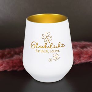 Glückslicht -  Windlicht mit Ihrem Wunschtext graviert
