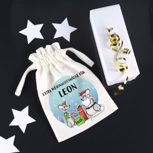 Stoffsack "Extra Weihnachtsmäuse" mit Ihrem Wunschnamen bedruckt